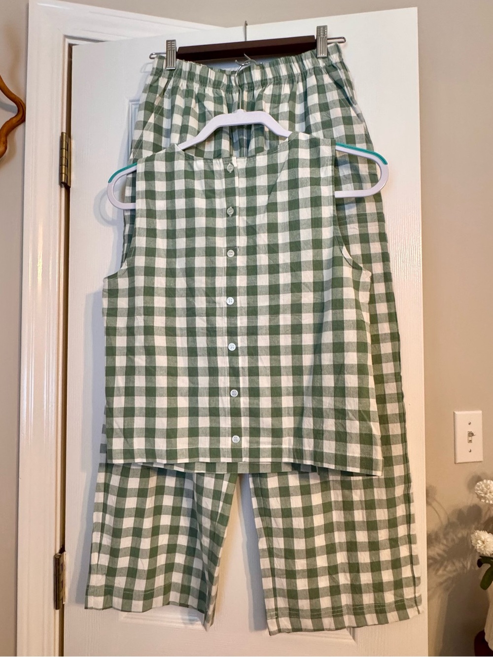 Green and White Gingham set - Button Front Top & Elastic Waist Pants